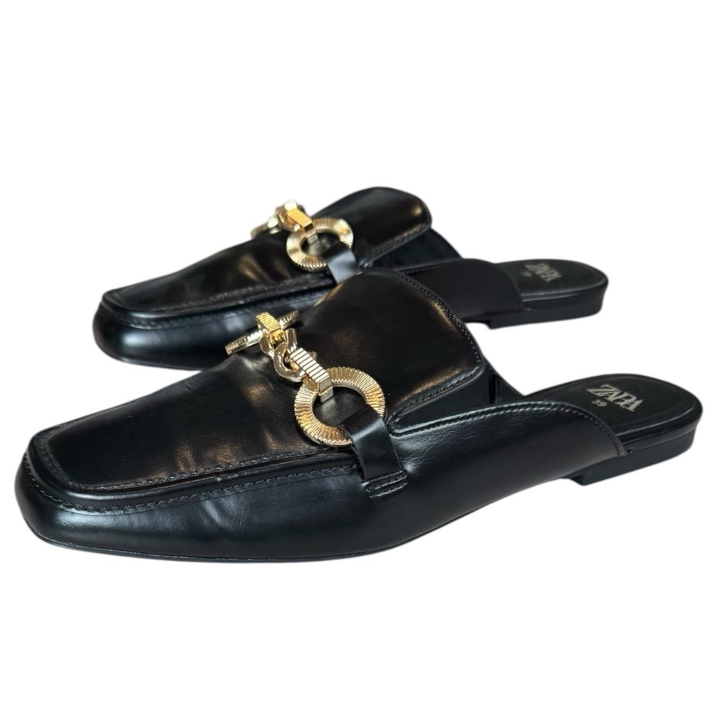 Zara Black Chain Mule Loafers Gold Hardware Square Toe Size 39 US 8.5 EUC - Picture 3 of 8